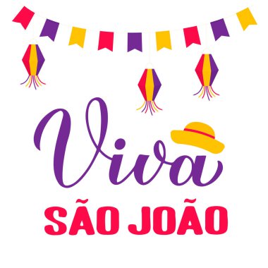 Yaşasın Sao Joao el yazısı ve kağıt fenerler. Bayraklar ve sarı şapka. Brezilya Haziran bayramı Festa Junina. Tipografi posteri, afişi, davetiyesi, el ilanı için vektör şablonu, vs..