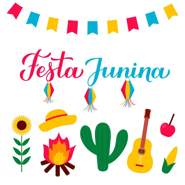 Letras Caligrafía Festa Junina Con Banderas Linternas Papel Cactus Guitarra — Vector de stock