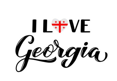 Beyaz arka planda izole edilmiş kalp şeklinde ulusal Gürcistan bayrağıyla yazılmış Gürcistan el yazmalarını seviyorum. Tipografi posteri, kartpostal, afiş, afiş, etiket, tişört için vektör şablonu.