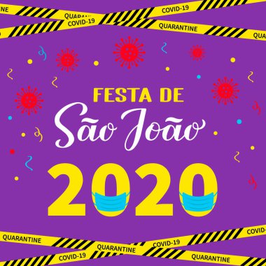 Festa de Sao Joao 2020 koruyucu maskeli. Brezilya Haziran Festivali Festa de Sao Joao Coronavirus COVID-19 karantinası sırasında. Şablon afişini, davetiyeyi, broşürü düzenlemek kolay