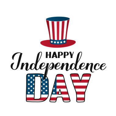 Bağımsızlık Gününüz kutlu olsun. Beyaz şapkalı Sam Amca el yazısı. 4 Temmuz kutlama posteri. Logo tasarımı için şablonu düzenlemek kolay, tebrik kartı, afiş, broşür, etiket.