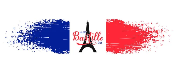 Happy Bastille Day Calligraphy Lettering Grunge Tricolor Flag France Eiffel — Stock Vector