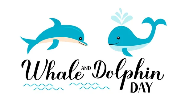 世界鲸鱼和海豚日书法手书用可爱的卡通海洋动物 环保字体招贴画 卡片等的矢量模板 — 图库矢量图片