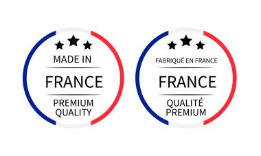 Fransa ve Fabrique en France markalarında İngilizce ve Fransızca olarak üretilmiştir. Kalite işareti vektör simgesi. Logo tasarımı, etiketler, rozetler, çıkartmalar, amblem, ürün ambalajlama vs. için mükemmel
