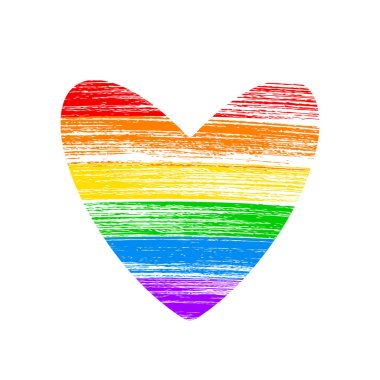 Kalp şeklinde LGBT halk bayrağı. Fırça darbeleri beyaz üzerine izole edilmiş gökkuşağının renkleri. LGBTQ lezbiyen, eşcinsel gururu, biseksüel, transseksüel sosyal hareketlerin sembolü. Vektör tasarımını düzenlemek kolay