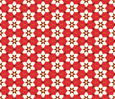 Geometrik mozaik arka plan kırmızı ve altın kaleydoskop. Doğulu süsü. Noel kusursuz dantel desenli. Tebrik kartları, kumaş, ambalaj, duvar kağıtları vs. için vektör tasarım şablonu kullanılması kolay