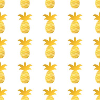 Beyaz arka planda altın ananaslı kusursuz desen. Altın tropikal meyve vektörü çizimi. Logo tasarımı için şablonu düzenlemek kolay, el ilanı, afiş, poster, davetiye, kıyafet vs..