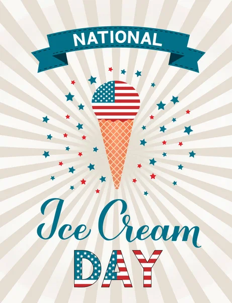 Giornata Nazionale del Gelato USA poster patriottico retrò con lettering e cono gelato. La divertente festa americana celebra la terza domenica di luglio. Modello vettoriale per banner, volantino, caffetteria o menu del ristorante. — Vettoriale Stock