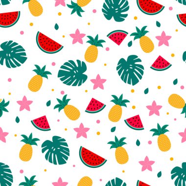 Karpuz, ananas ve palmiye yapraklarıyla kusursuz yaz deseni. Mevsimsel vektör arkaplanı. Poster, kart, afiş, el ilanı, etiket, kumaş, kıyafet için şablonu düzenlemek kolay. 