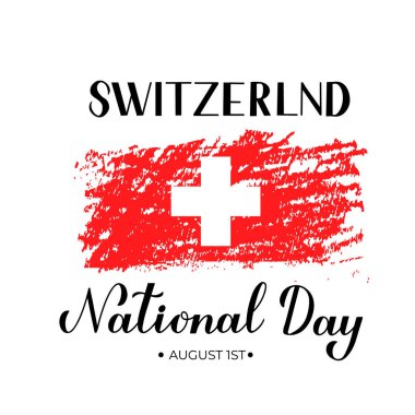 İsviçre Ulusal Günü el yazısı ve fırça darbesi bayrağı. İsviçre tatil tipografisi posteri. Pankart, el ilanı, etiket, gömlek, tebrik kartı, kartpostal vs. için vektör şablonunu düzenlemek kolay.