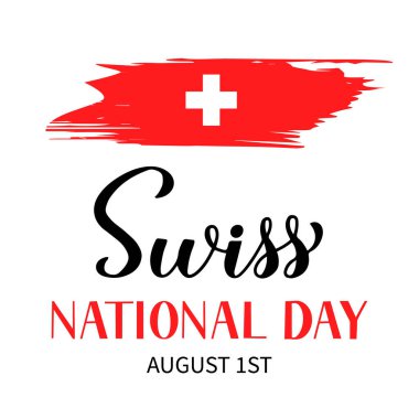 İsviçre Ulusal Günü el yazısı ve fırça darbesi bayrağı. İsviçre tatil tipografisi posteri. Pankart, el ilanı, etiket, gömlek, tebrik kartı, kartpostal vs. için vektör şablonunu düzenlemek kolay.