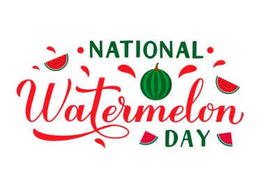 Ulusal Karpuz Günü yazı el yazısı beyaza izole edilmiş. Komik Amerikan bayramı 3 Ağustos 'u kutluyor. Tipografi posteri, etiket, afiş, etiket, tişört vs. için vektör şablonu.