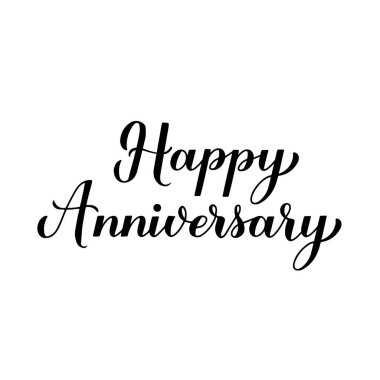 Yıldönümünüz kutlu olsun. Beyaz harflerle yazılmış el yazısı. Doğum günü ya da evlilik yıldönümü kutlaması posteri. Tebrik kartı, afiş, broşür, etiket, tişört için vektör şablonu. 