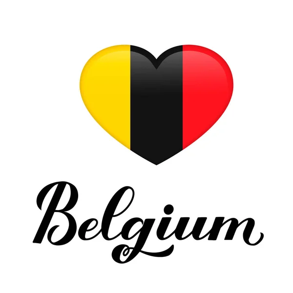 Belgio Calligrafia Iscrizione Mano Con Bandiera Forma Cuore Isolato Bianco — Vettoriale Stock