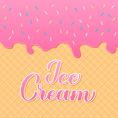Dondurma el yazısı harfleri. Waffle dokusu ve erimiş dondurma arkaplanı. Tipografi posteri, afiş, el ilanı, etiket, kafe veya restoran menüsü için vektör şablonu.