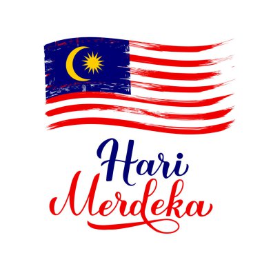 Hari Merdeka - Malezya dilinde bayrak taşıyan Bağımsızlık Günü. Malezya 'da ulusal tatil. Tipografi posteri, afiş, tebrik kartı, el ilanı vs. için vektör şablonu.