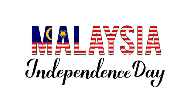 Malásia Dia Independência Caligrafia Mão Letras Com Bandeira Isolada Branco — Vetor de Stock