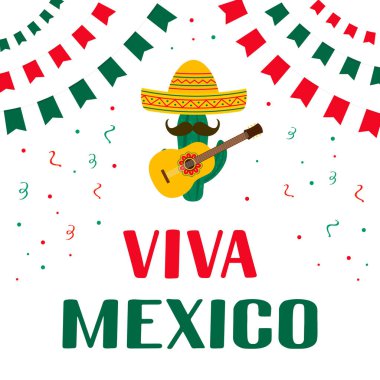 Beyaz sombrero, kaktüs ve gitarlı Viva Mexico harfleri. Meksika Bağımsızlık Günü 16 Eylül 'de kutlandı. Tipografi posteri, afiş, tebrik kartı, el ilanı için vektör şablonu.