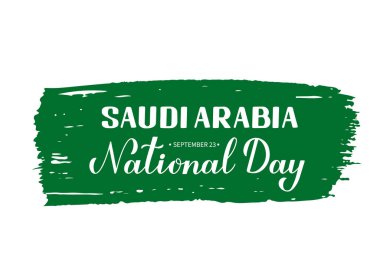 Suudi Arabistan Ulusal Günü el yazısı harfleri. Tatil 23 Eylül 'de kutlandı. Tipografi posteri, afiş, tebrik kartı, el ilanı vs. için vektör şablonu.