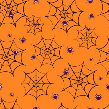 Çizgi film örümcekleri ve internetle kusursuz bir Cadılar Bayramı deseni. Tebrik kartı, afiş, poster, parti daveti, kumaş, tekstil, ambalaj kağıdı vs. için vektör şablonunu düzenlemek kolay.