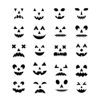 Cadılar Bayramı Balkabağı Surat ikonu seti. Ürkütücü Jack-o-Lantern vektör elementleri beyaza izole edildi. Cadılar Bayramı parti dekorasyonları.