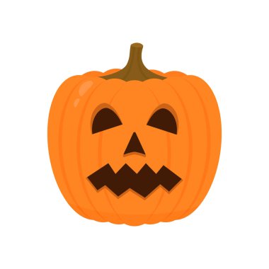 Beyaz üzerine izole edilmiş korkunç yüz ikonu olan Cadılar Bayramı Balkabağı. Tatlı çizgi film Jack-o-Lantern. Cadılar Bayramı partisi süslemeleri. Vektör şablonunu düzenlemek kolay.