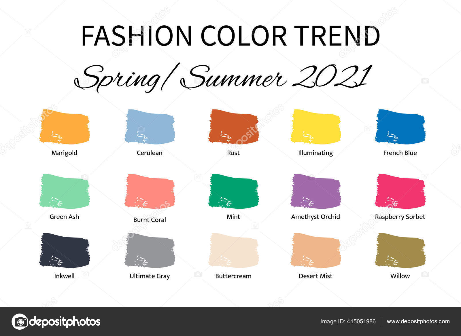 Fashion Color Trend Spring Summer 2021 Trendy Colors Palette Guide Brush Strokes Of Paint Color With Names Swatches Easy To Edit Vector Template For Your Creative Designs Vector Image By C