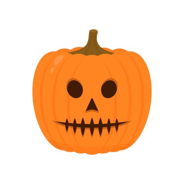 Beyaz üzerine izole edilmiş ürkütücü yüz ikonu olan Cadılar Bayramı Balkabağı. Tatlı çizgi film Jack-o-Lantern. Cadılar Bayramı partisi süslemeleri. Vektör şablonunu düzenlemek kolay