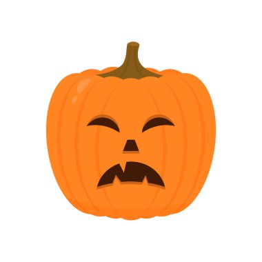 Beyaz üzerine izole edilmiş korkunç yüz ikonu olan Cadılar Bayramı Balkabağı. Tatlı çizgi film Jack-o-Lantern. Cadılar Bayramı partisi süslemeleri. Vektör şablonunu düzenlemek kolay.