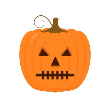 Beyaz üzerine izole edilmiş ürkütücü yüz ikonu olan Cadılar Bayramı Balkabağı. Tatlı çizgi film Jack-o-Lantern. Cadılar Bayramı partisi süslemeleri. Vektör şablonunu düzenlemek kolay