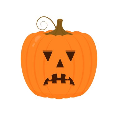 Beyaz üzerine izole edilmiş korkunç yüz ikonu olan Cadılar Bayramı Balkabağı. Tatlı çizgi film Jack-o-Lantern. Cadılar Bayramı partisi süslemeleri. Vektör şablonunu düzenlemek kolay.