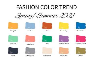 Moda Rengi Trend Yazı 2021. Renkli palet rehberi. Renkli fırça darbeleri ve isim örnekleri. Yaratıcı tasarımlarınız için vektör şablonunu düzenlemek kolay