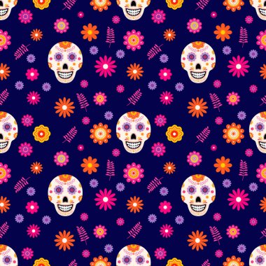 Dia de los Muertos. Geleneksel Meksika sembollerinin kusursuz deseni. Tebrik kartı, afiş, poster, parti daveti, kumaş, tekstil, ambalaj kağıdı vs. için vektör şablonunu düzenlemek kolay.