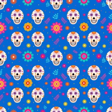 Dia de los Muertos. Geleneksel Meksika sembollerinin kusursuz deseni. Tebrik kartı, afiş, poster, parti daveti, kumaş, tekstil, ambalaj kağıdı vs. için vektör şablonunu düzenlemek kolay.