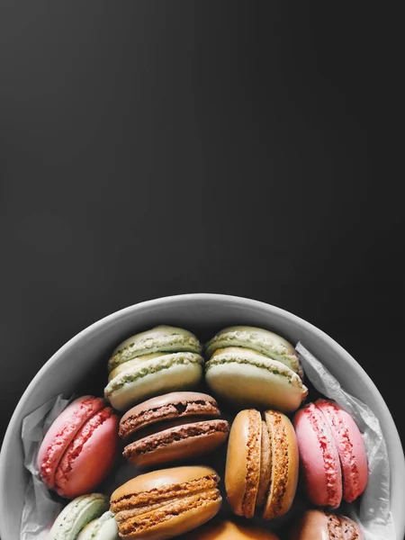 French Dessert Macarons Plate Black Background — Stock Photo, Image