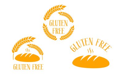 Gluten ücretsiz vektör logo koymak. Taze somun ekmek gluten ücretsiz el ile tipografi çizilmiş. Sıcak olmayan gluten ekmek. Kulaklı buğday gluten ücretsiz vektör işaretler. Buğday turuncu daire sembolü.