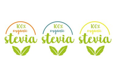 yeşil bitki yaprakları ve renkli yarım daire ile farklı renklerde yüz organik stevia veya tatlı ot vektör logosu ayarla