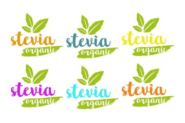 Organik stevia veya tatlı ot vektör logosu bitkisel yaprakları ile farklı renklerde ayarla