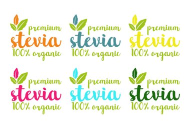 Sigorta primi yüz yüzde organik stevia veya tatlı ot vektör logosu bitkisel yaprakları ile farklı renklerde ayarla