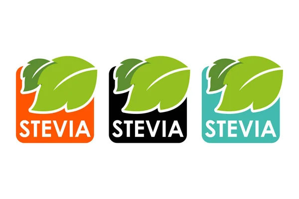 Stevia veya renkli Etiketler ve yeşil bitki yaprakları ile tatlı ot sembolü. Stevia vektör logosu web için ayarlama ve yazdırma