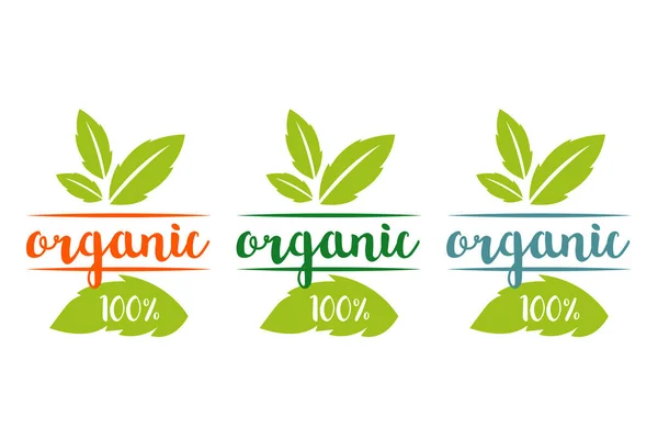 Стопроцентный Органический Векторный Логотип Разных Цветов Травяными Листьями — стоковый вектор