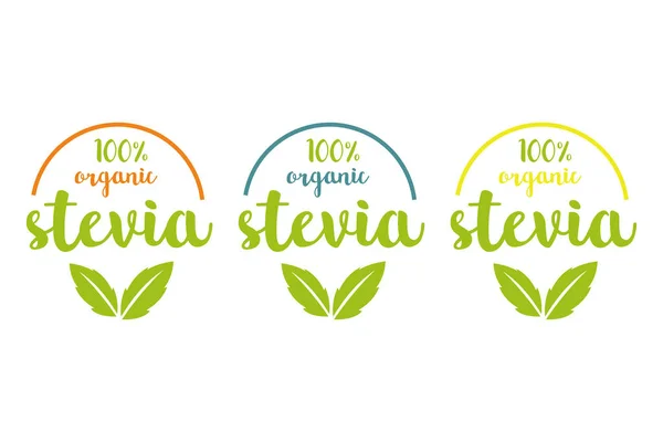 yeşil bitki yaprakları ve renkli yarım daire ile farklı renklerde yüz organik stevia veya tatlı ot vektör logosu ayarla