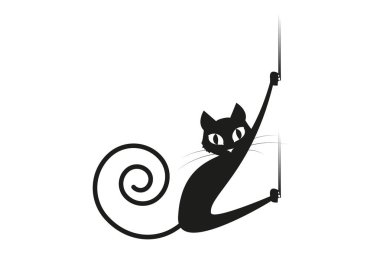 Yavru kedi siyah çizgi film karakteri. Kedi duvara tırmanma. Beyaz arka plan üzerinde izole siluet siyah kitty. Yavru kedi vektör logosu.