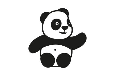 Panda yükseltilmiş pençe ile gülümseyen. Küçük orman ayısı vektör logosu. Hayvan siyah noktalar ile. Küçük sevimli vektör panda