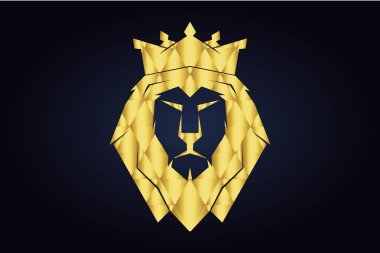 Poligonal aslan siluet. Aslan ile kapalı başkanı ağız ve altın üçgen. Altın safari hayvan başı. Yaban hayatı vektör logosu. Aslan poligonal başı altın kaplama ile. Kral aslan.