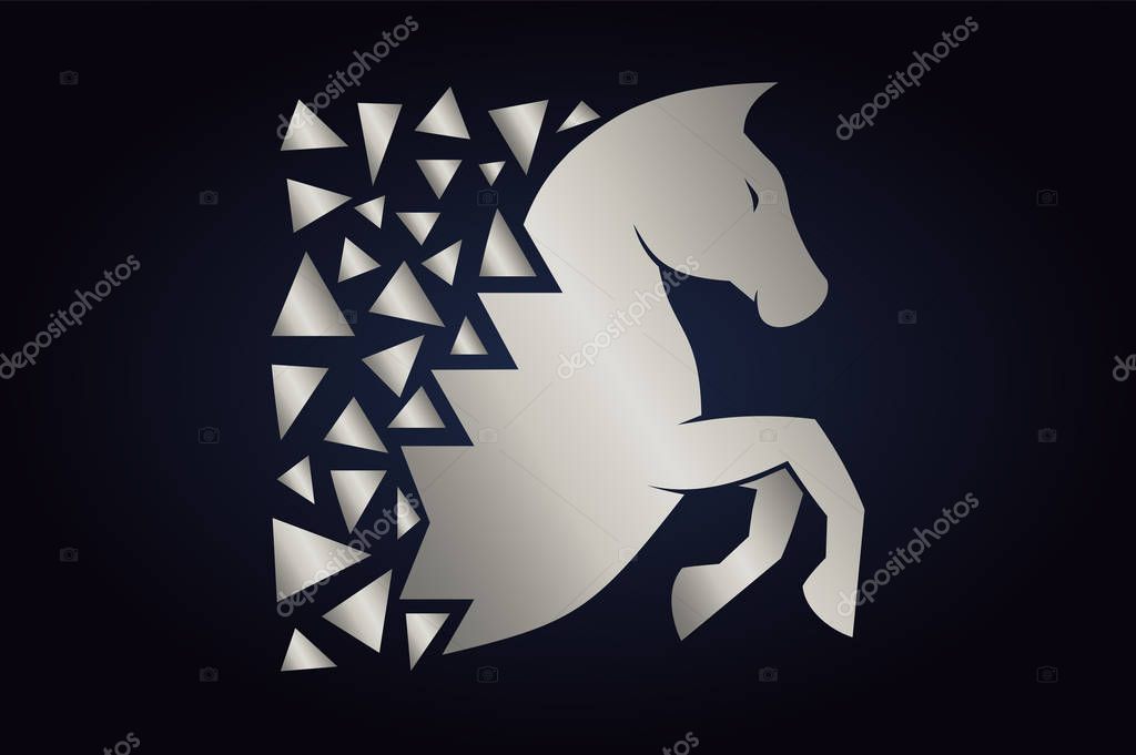 Abstract vector logo of the horse. Silver horse silhouette on dark background. Running horse with triangles behind.