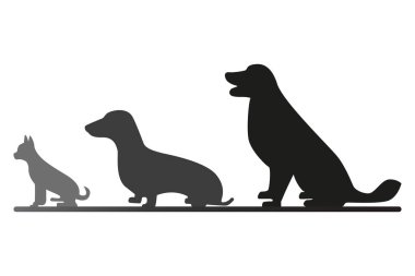 Üç oturma köpekler birbirlerine arkasında. Siyah ve gri köpekler siluetleri vektör. Evcil hayvanlar sola doğru seyir gösteren resim. 