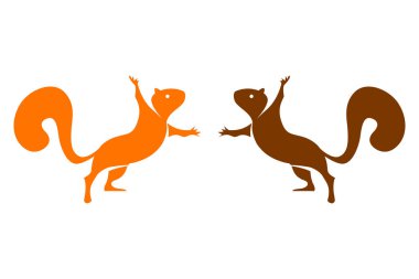 İki renkli sincap beyaz arka plan üzerinde izole vektör. Logo koymak turuncu ve kahverengi renklerde iki sincap. İki sincap birbirlerine sarılma. yüz yüze ayakta sincap.