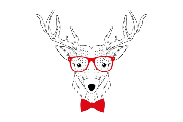 Croquis Tête Cerf Avec Des Lunettes Rouges Cravate Rouge Classique — Image vectorielle