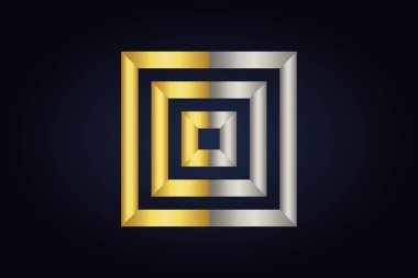 Koyu arka plan üzerinde izole geometrik vektör logosu. Her diğer içinde üç kareler. Gümüş ve altın renkleri kareler. Minimalist iş logo.